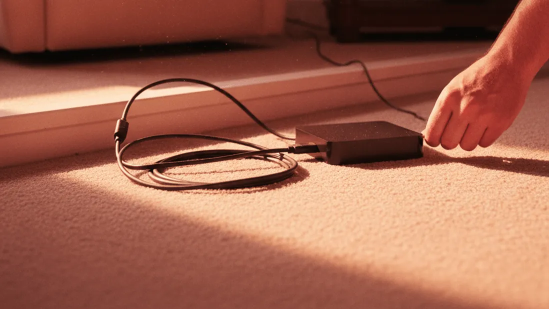 A person's hand reaches to unplug a streaming box connected by an HDMI cable on a carpeted floor.