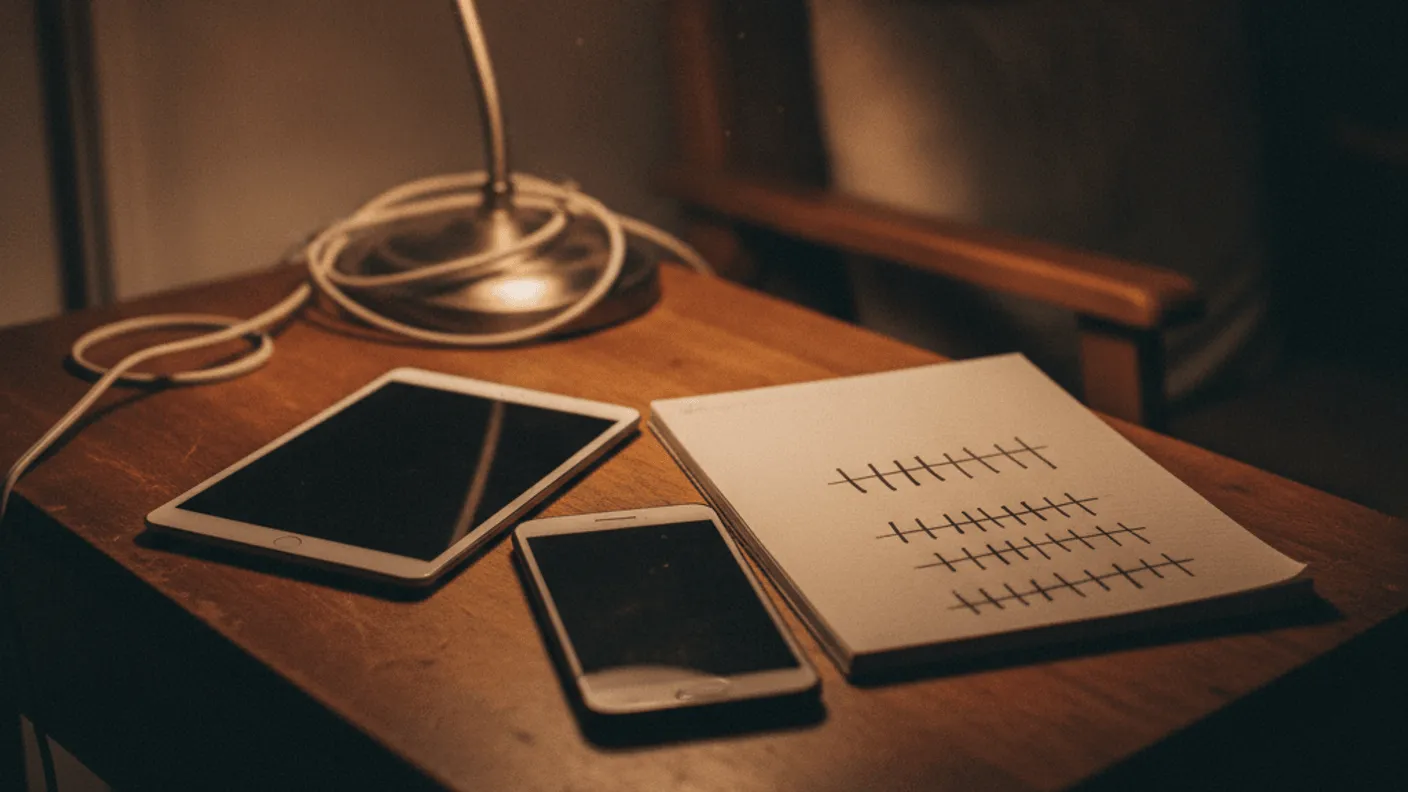 A phone and a tablet lying on a wooden desk beside a notebook, lit by a desk lamp in the evening.