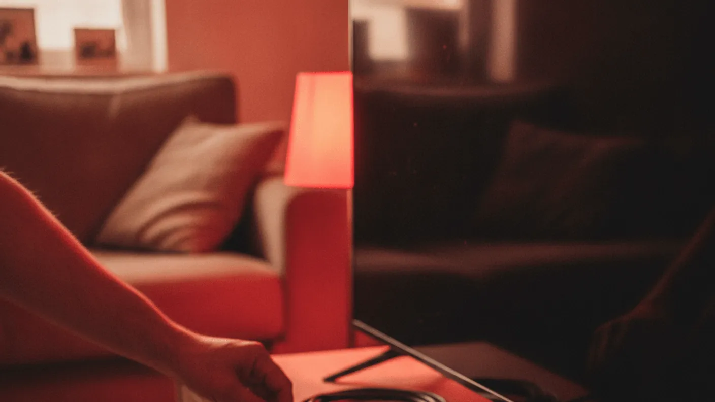 A person connecting a black set-top box to a television on a wooden media unit in a dimly lit living room.
