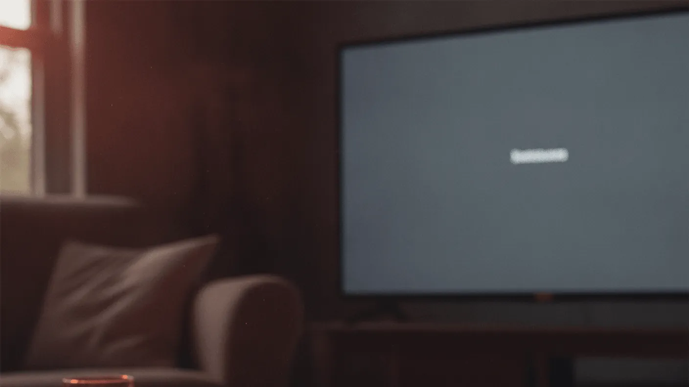 A television remote and a hand resting on a wooden coffee table at dusk, with a TV showing a grey screen behind.