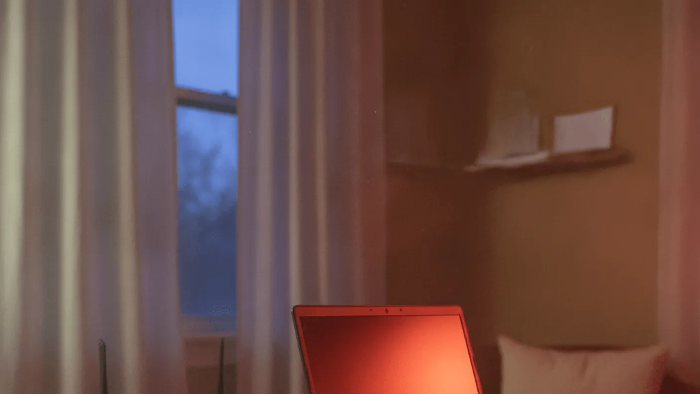 A laptop with a red screen on a cluttered desk at dusk, with hands on the keyboard and a router behind.