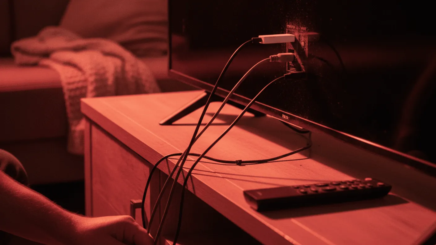 A media stick is half-plugged into a TV, with loose cables and a remote on a wooden unit in red-tinged light.