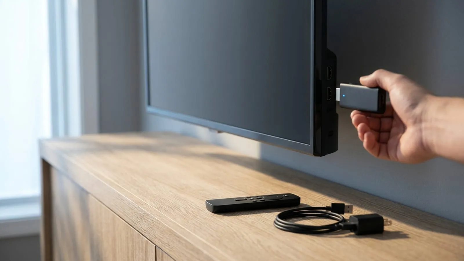 An HDMI streaming stick beside the port on a wall-mounted television