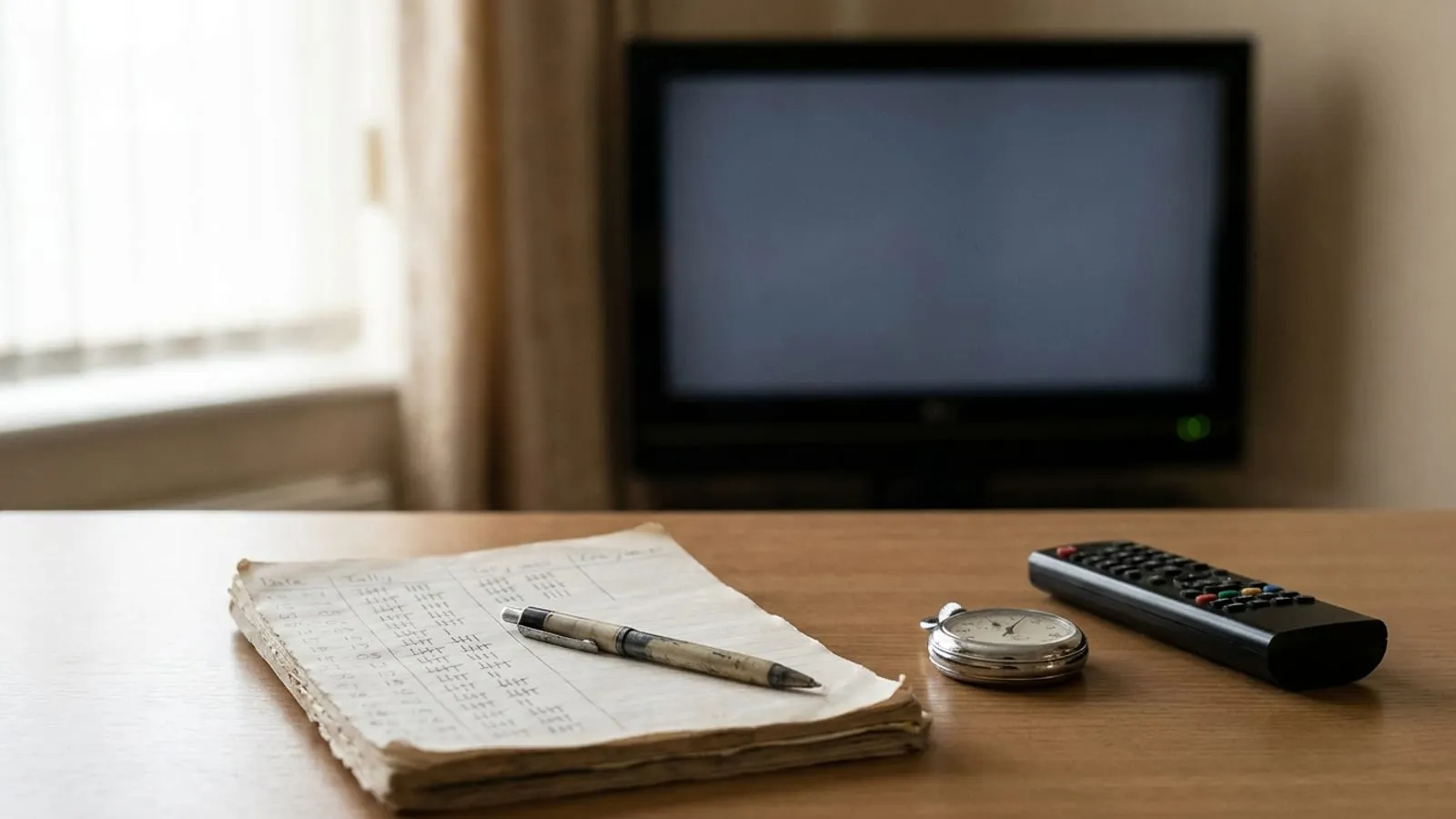A handwritten fault log beside a stopwatch and a TV remote on a desk