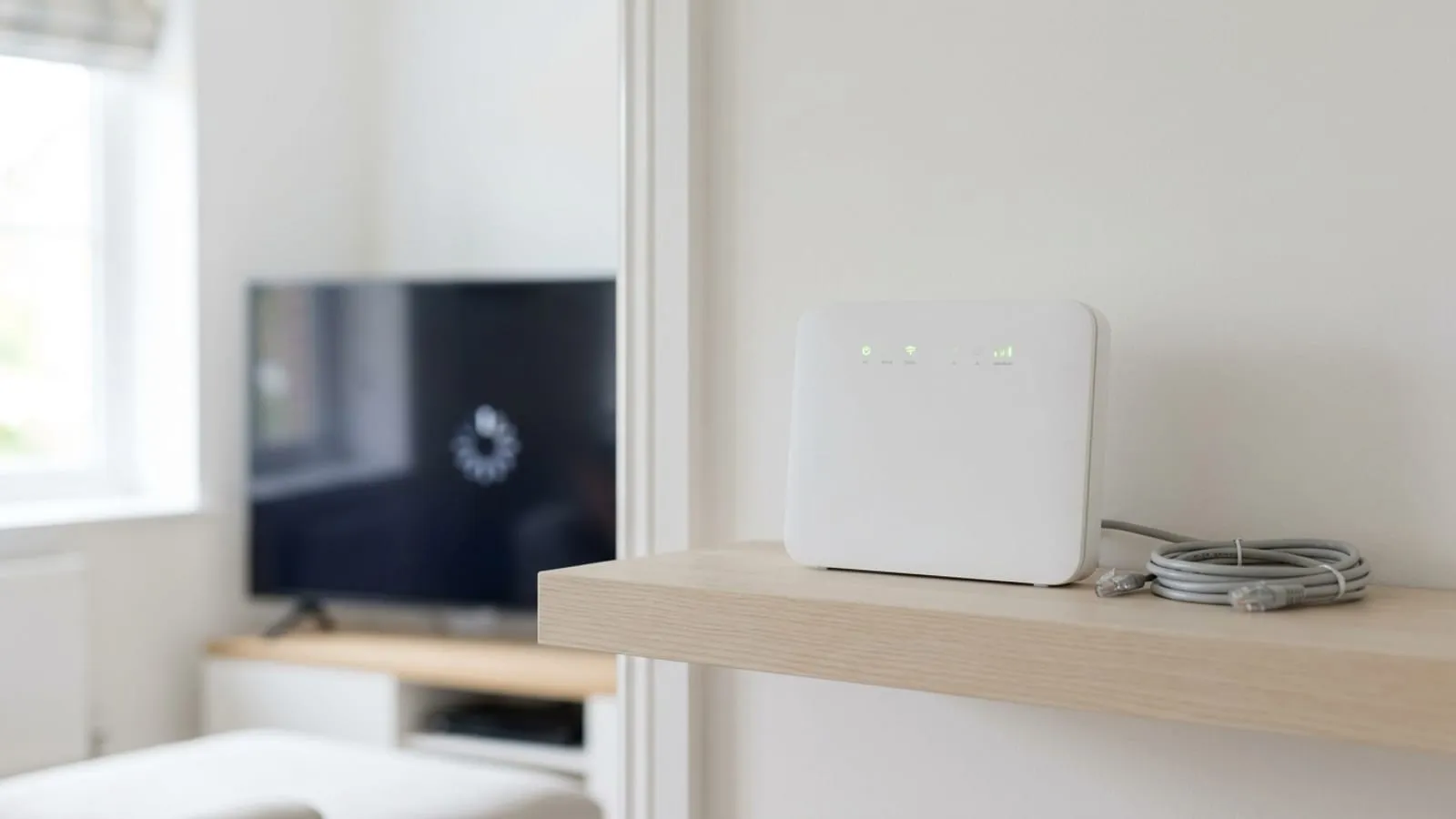 A broadband router and coiled ethernet cable on a shelf