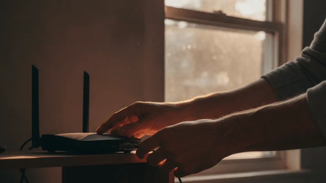 A person's hands adjust a router on a shelf, with an ethernet cable trailing to a set-top box below.