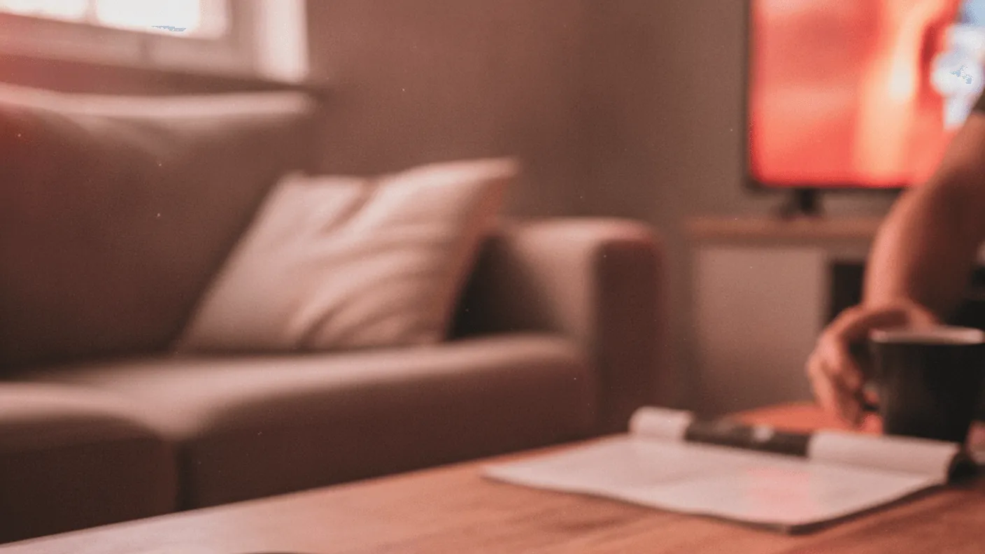 A remote, a dongle, and a coiled cable sit on a wooden coffee table in a lived-in room.